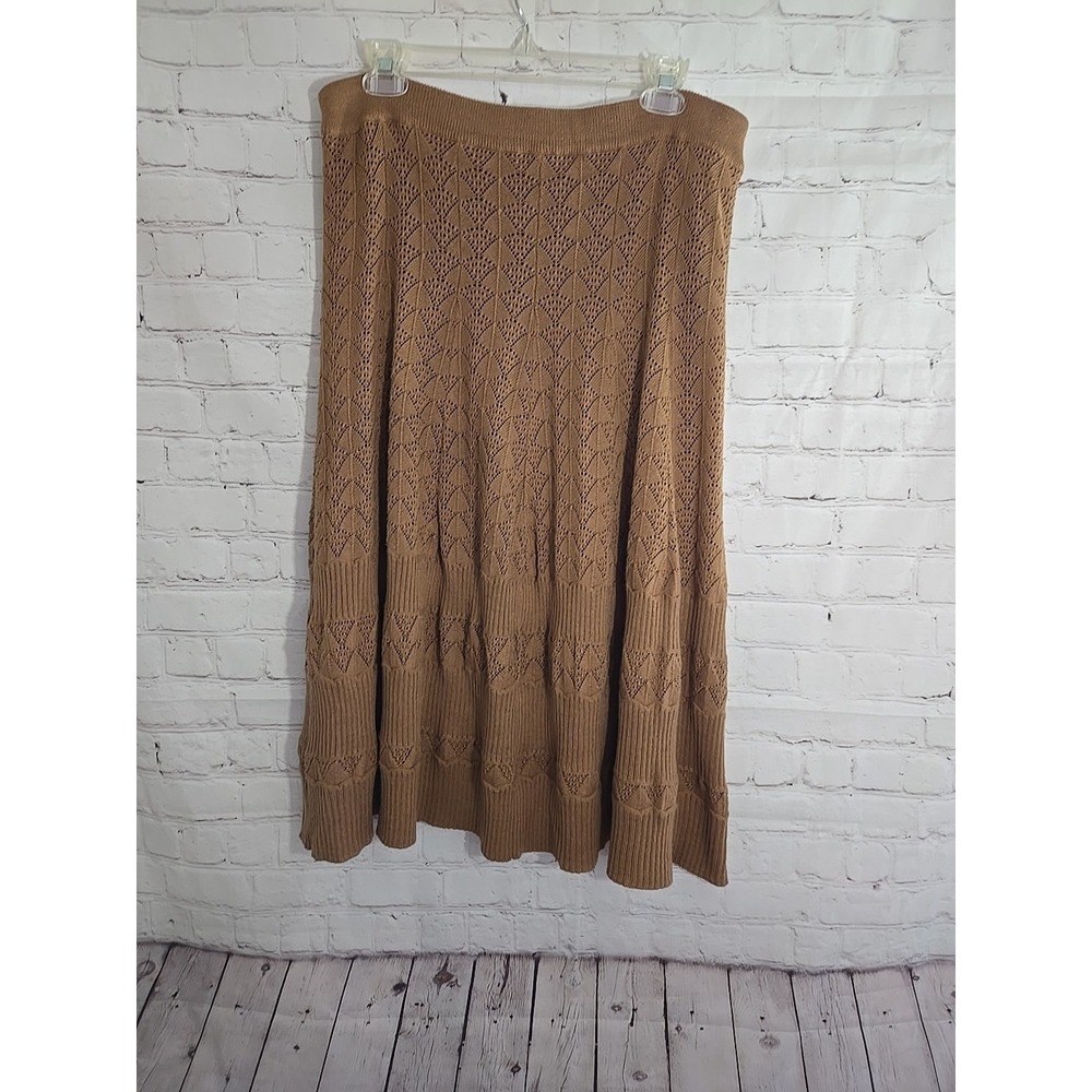 Vtg Y2K Wool Blend Brown Knit Tiered Midid Skirt Sz L boho cottagecore academia